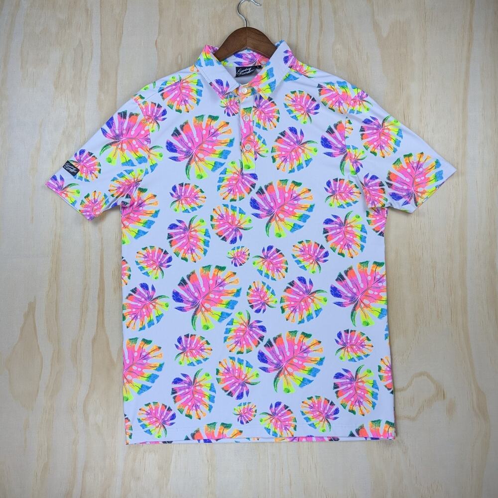 Sunday Swagger Men's Large Golf Polo Shirt White Neon Tropical Monstera Leaf